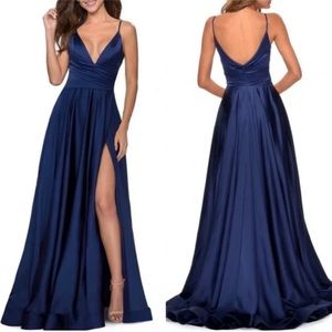 LA FEMME Ruched Satin Navy Blue Gown
Size 6, new without tags.